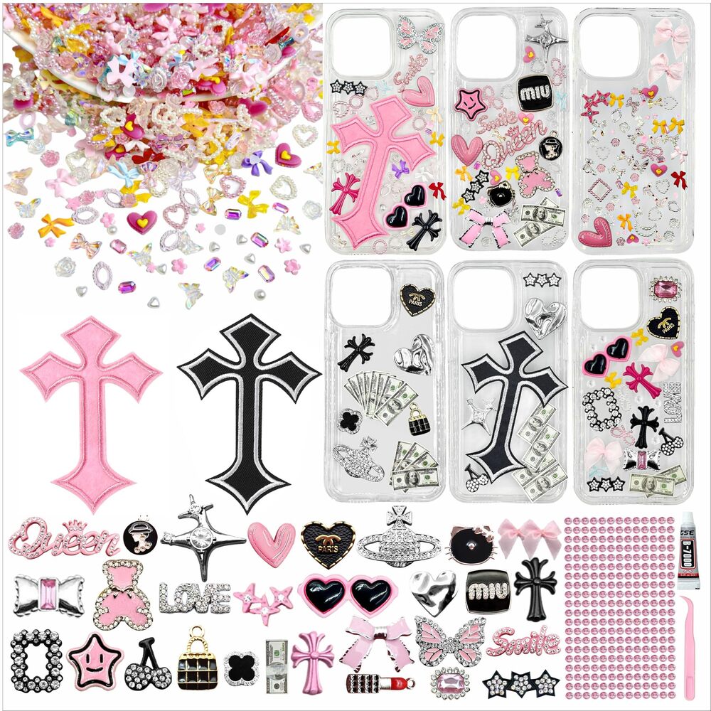 8671 Junk Phone Case Charms Kit with 342 Pcs Flatback Charms Glue DIY
